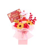 Floral arrangement with a fortune cat and grand opening card on a white background